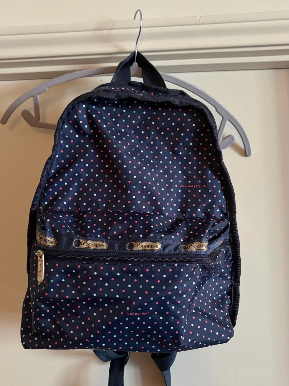 LeSportsac Navy Polka Dot Backpack with Pink and White Dots